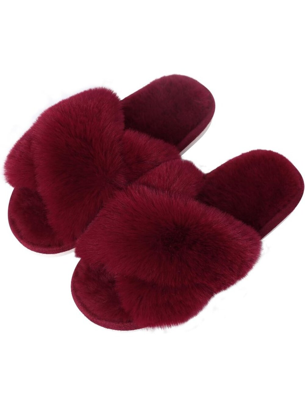 Womens Burgundy Faux Fur Memory Foam Fuzzy House Slippers Soft Open-Toe Slippers